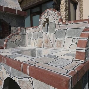 Barbeque Table & Washbasin with polygonal flagstone