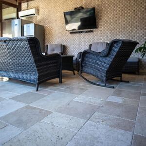 Classic Cross Cut Brushed & Chiseled Edge Travertine Unfilled French Pattern Set 1.2 cm