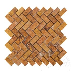 Peach Polished Travertine Herringbone Mosaic, 2.5 x 5 cm