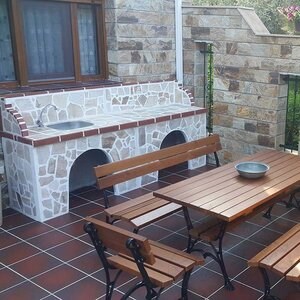 Barbeque Table & Washbasin with polygonal flagstone