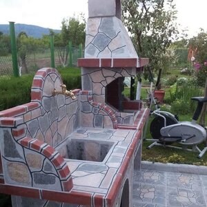 Barbeque Table & Washbasin with polygonal flagstone