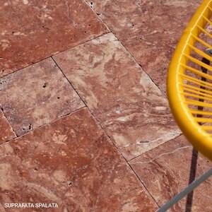 Red Opium Cross Cut Tumbled Travertine French Pattern Set 1.2 cm