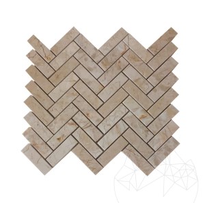 Crema Royal Polished Marble Herringbone Mosaic, 2.3 x 7.5 cm