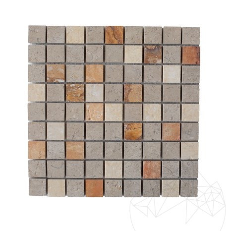 (Peach Travertine/  Astoria Limestone/Crema Royal Marble) Brushed Mosaic Mix, 3 x 3 cm