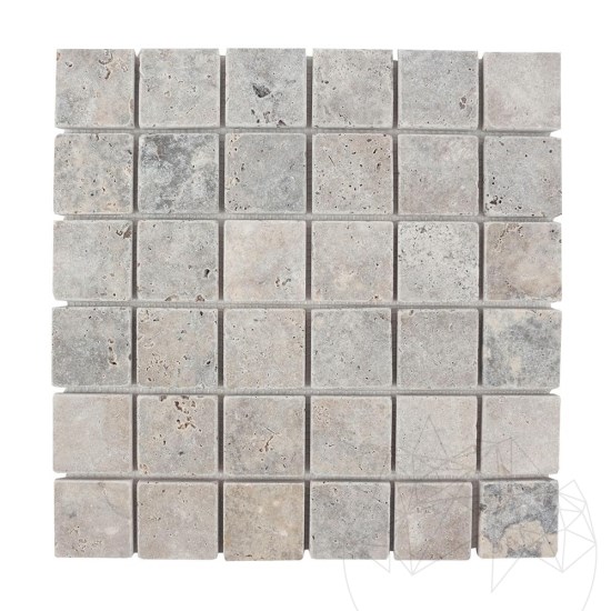 Silver Tumbled Travertine Mosaic, 4.8 x 4.8 cm