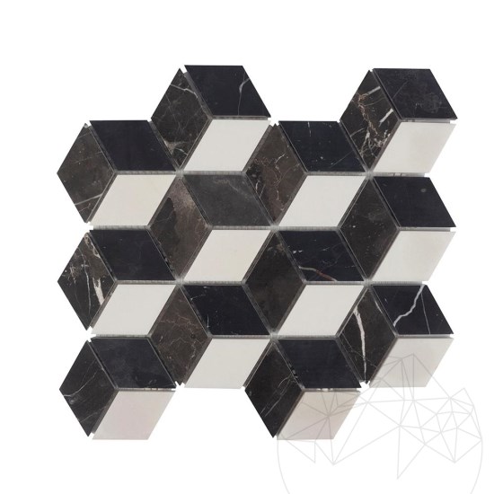 Bianco Carrara, Cleopatra, Nero Marquina Mix Cube Design Honed Marble Mosaic