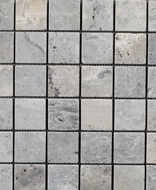 Silver Tumbled Travertine Mosaic, 4.8 x 4.8 cm