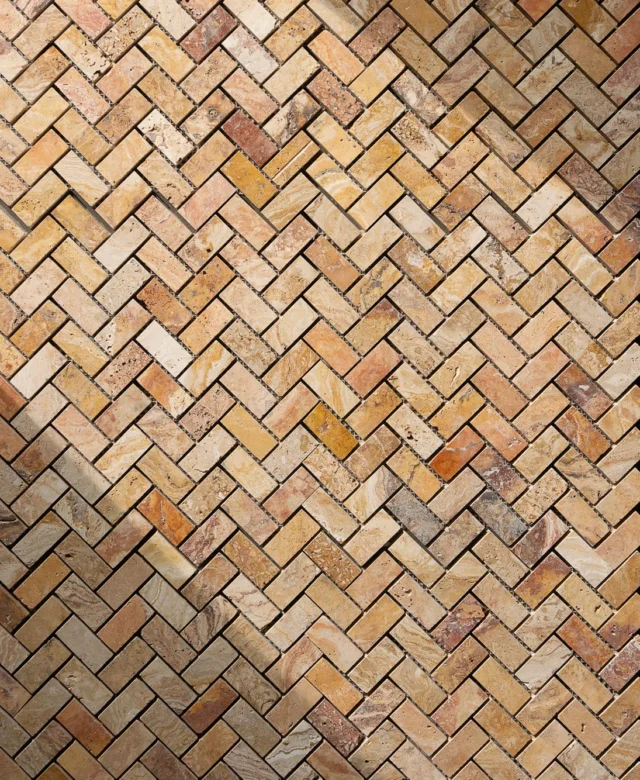 Peach Polished Travertine Herringbone Mosaic, 2.5 x 5 cm